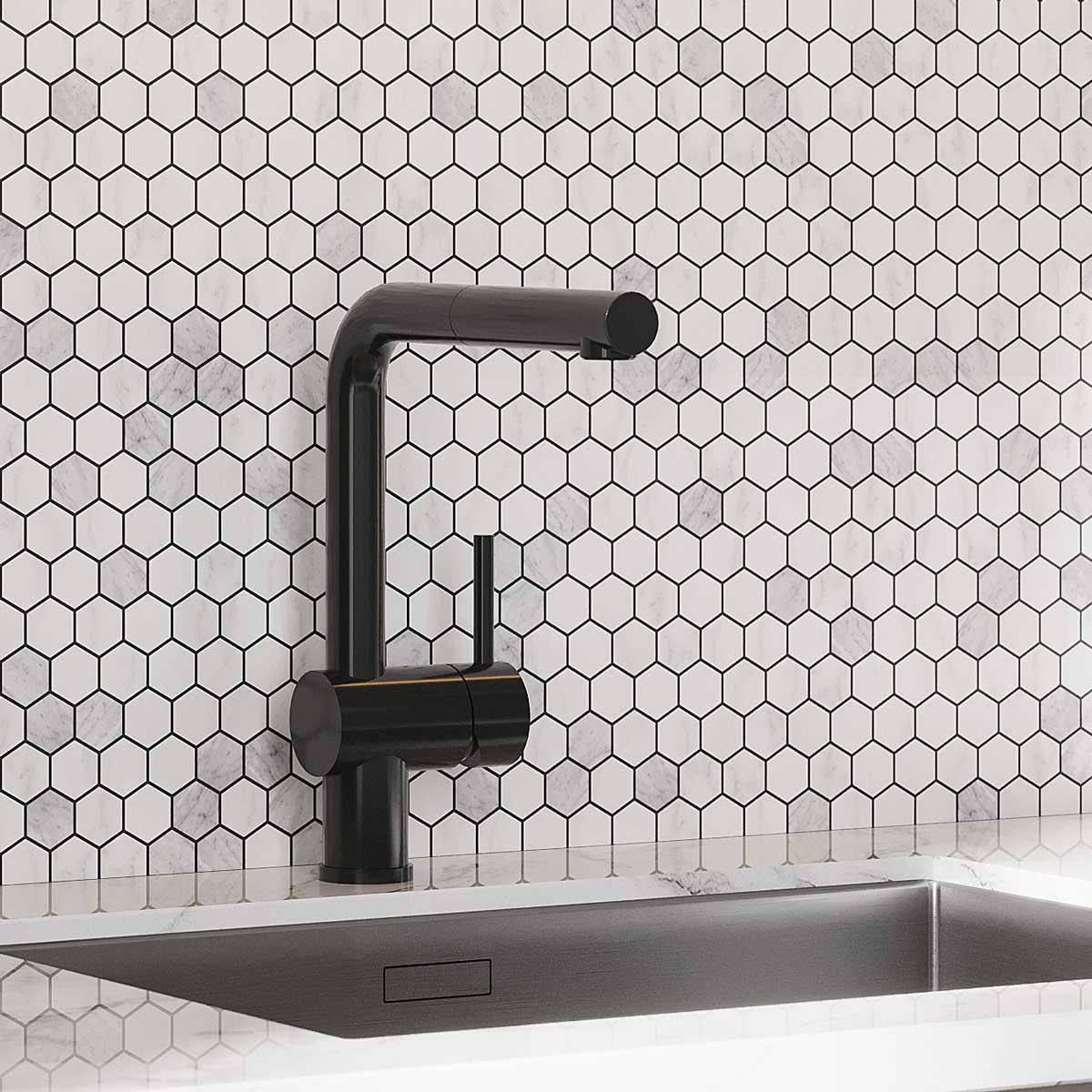 Carreaux De Mosaïque Céramique Hexagones Blanc Carrara - Plaque Pour Cuisine/Salle De Bain - Réf 11G-0102_b