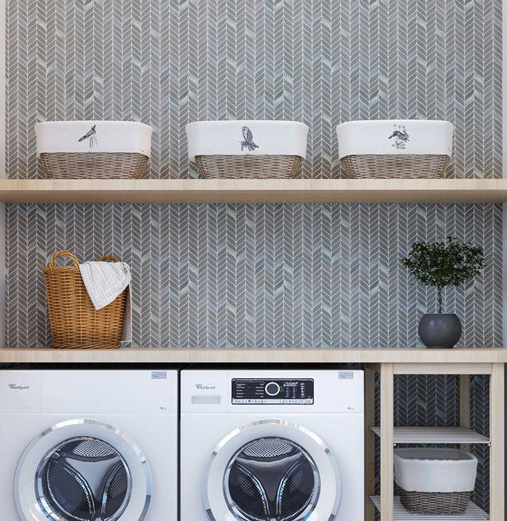 Laundry Room Makeover with Recycled Glass Green Leaf Backsplash Tile