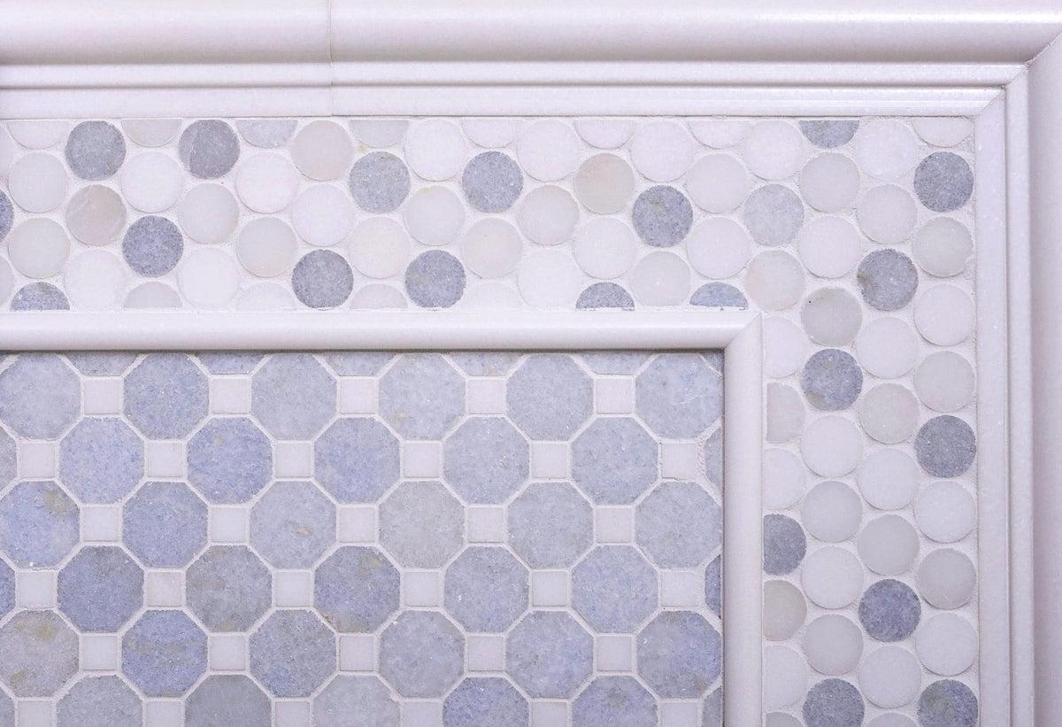 Azul Cielo Thassos And Paper White Penny Rounds Marble Mosaic Tile Polished