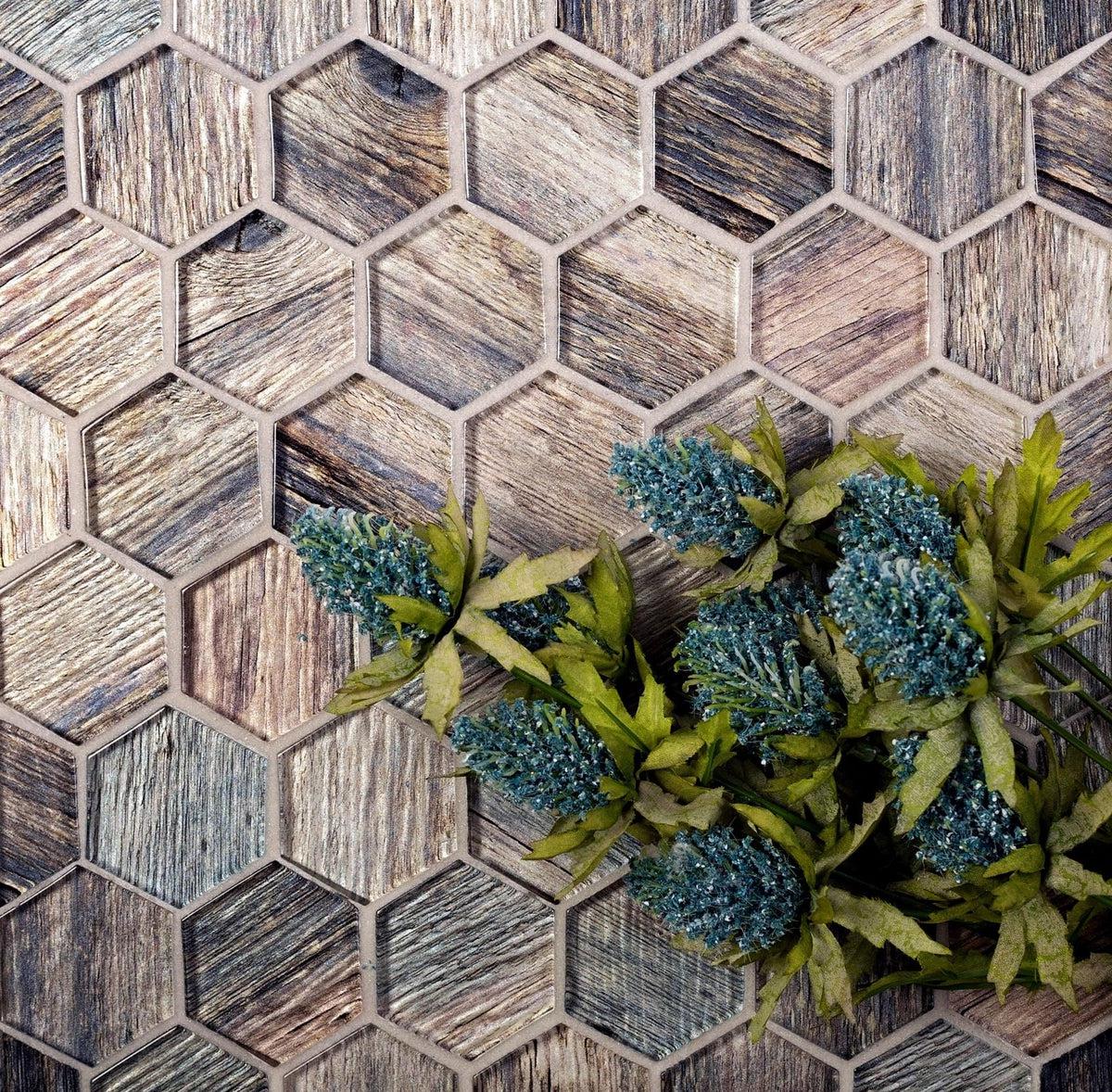 Blue Wooden Glass Hexagon Mosaic Tile