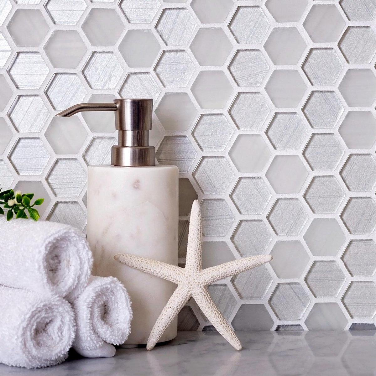 Fabrique White Hexagon Glass Mosaic Tile | Patterned Backsplash