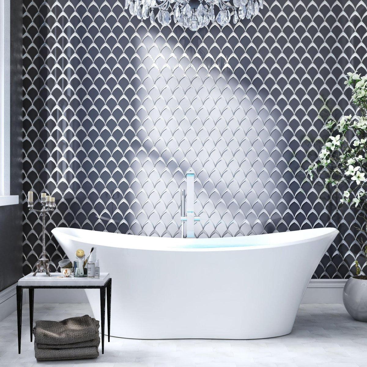 Gray Deco Fan Glass Mosaic Tile Bathtub Surround for an Elegant Soaking Tub