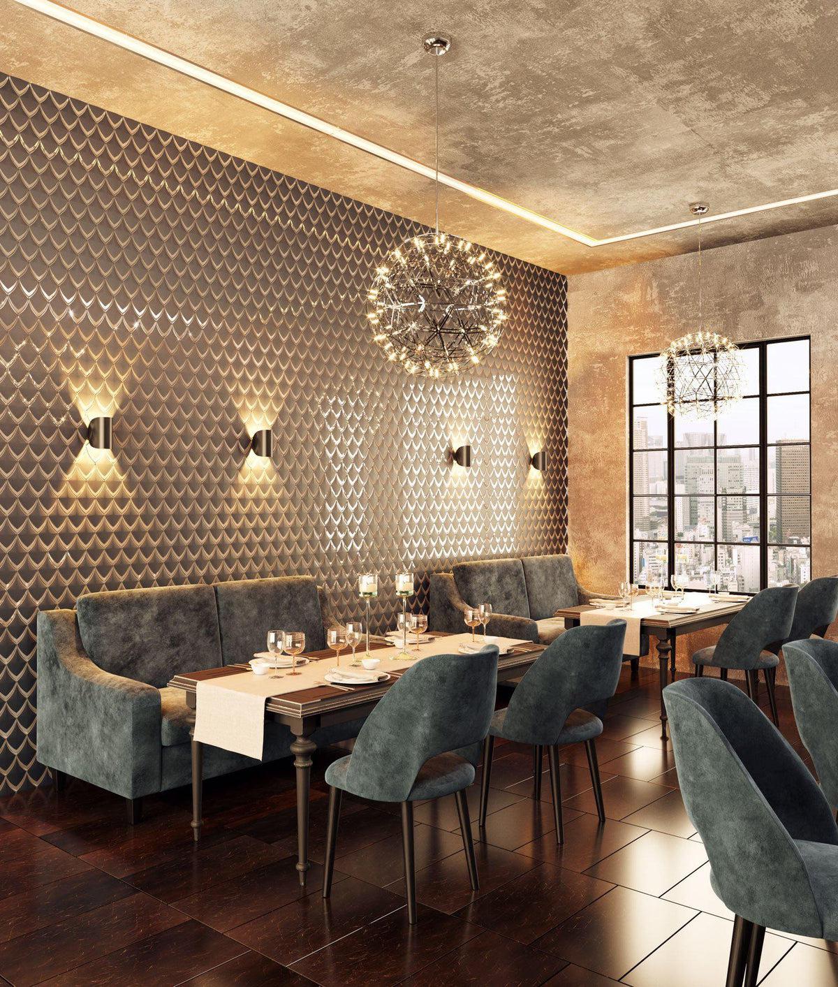 Elegant City Restaurant with Art Deco Tile Design and Modern Chandeliers 