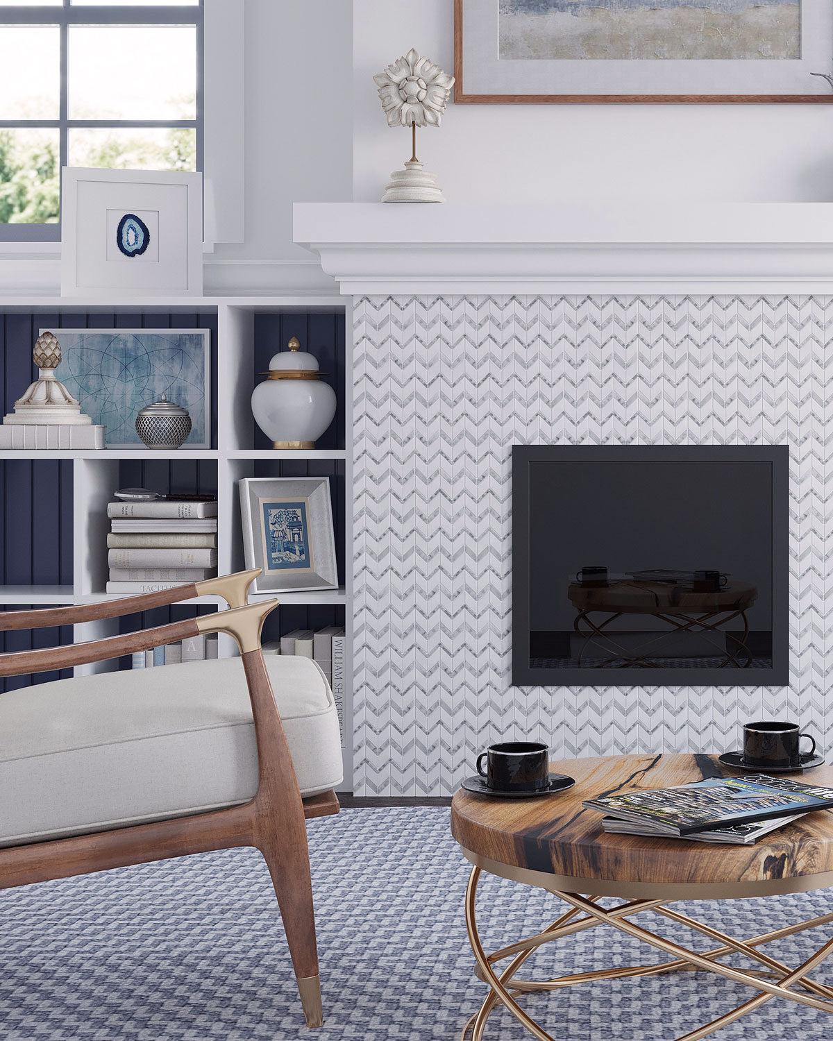 Navy and White Living Room with Carrara Fireplace Tile in A Chevron Pattern