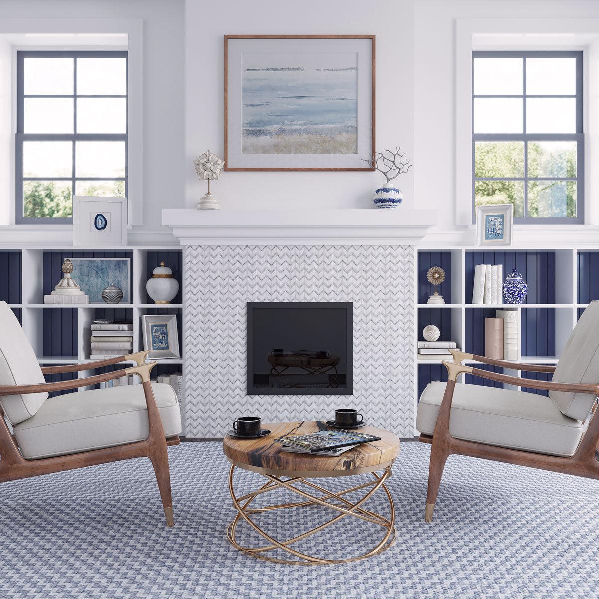 Contemporary Living Room Design with Carrara Marble Chevron Fireplace Facing