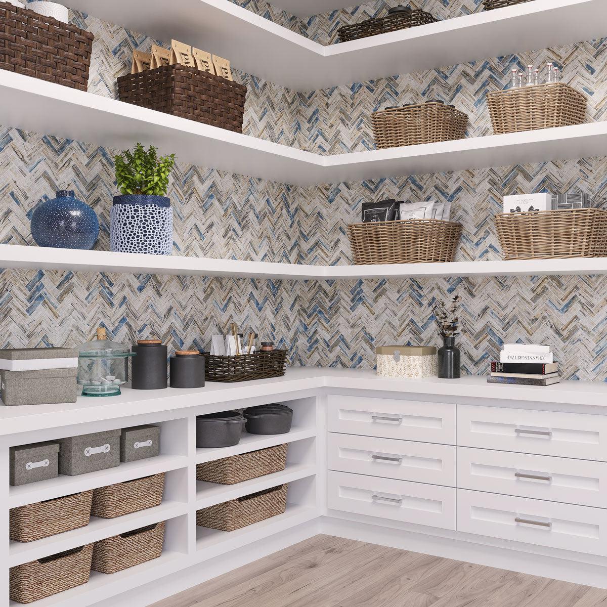 Organized Kitchen Pantry with Wood Look Herringbone Tile Backsplash 