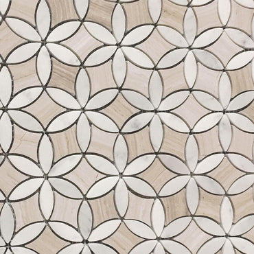 Roman Flower Wooden Beige And Carrara Marble Mosaic Tile