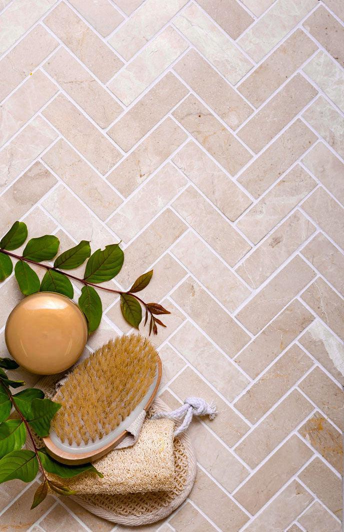 Neutral Marble Herringbone Bathroom Floor Tile