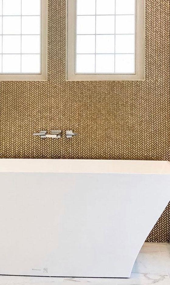 Gold Herringbone Mosaic Tile Bathroom Wall