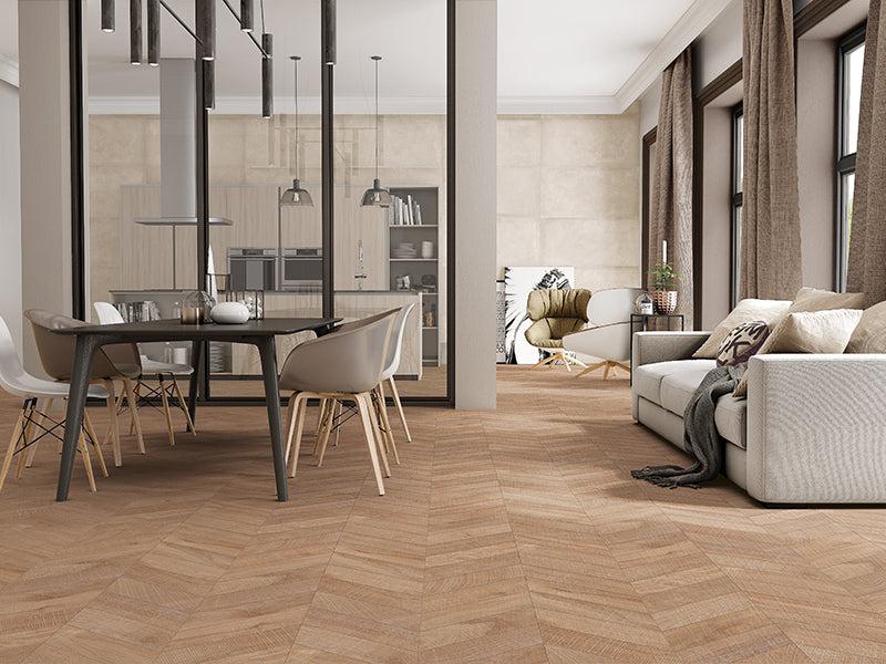 Japandi Chevron Natural Wood-Look Tile Flooring