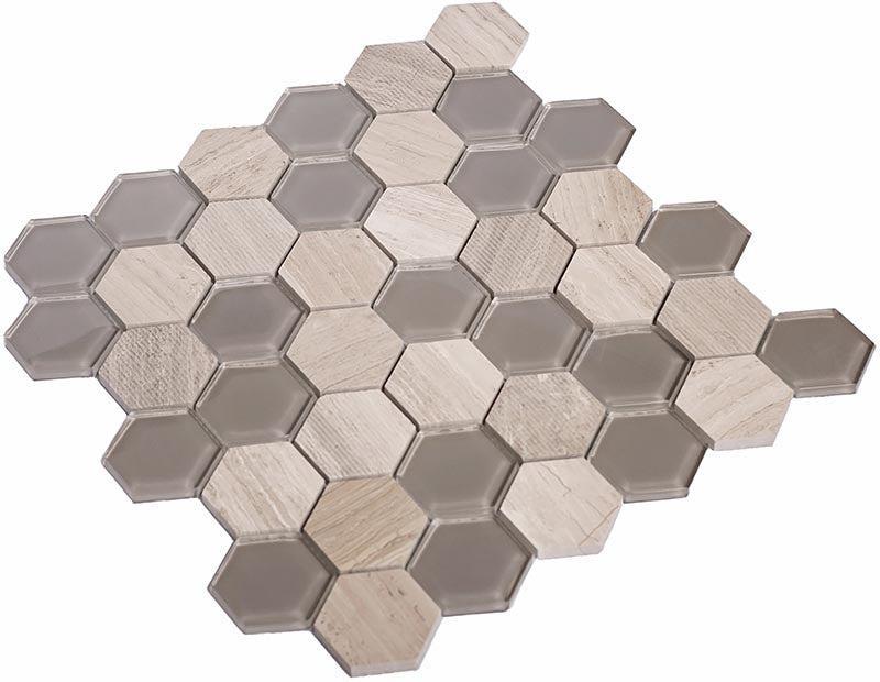 Textured Wooden Beige And Glass Hexagon Mosaic Tile