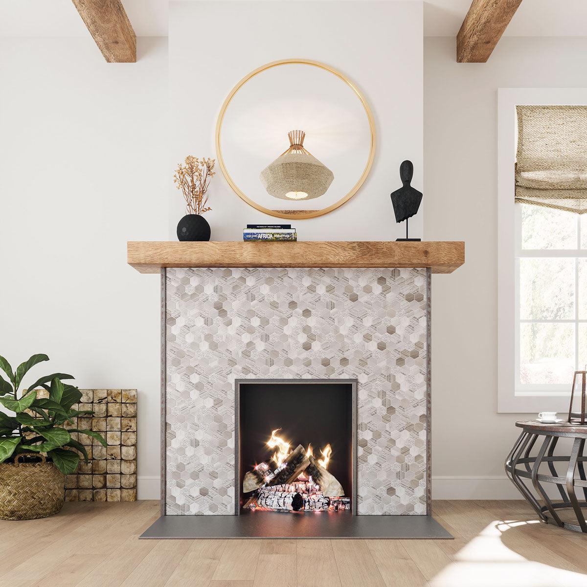 Rustic Modern Bohemian Living Room with Textured Wooden Beige Honeycomb Hexagon Marble Mosaic Tiled Fireplace Surround
