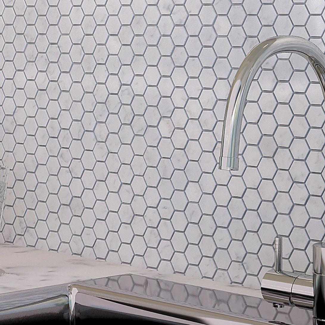 Backsplash with White Carrara Hexagon Polished Marble Mosaic Tile
