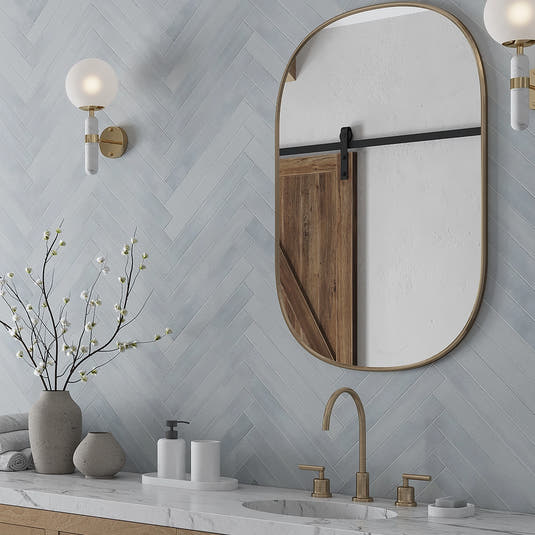Alata Blue Porcelain Subway Tile 2x16 Herringbone Bathroom Wall