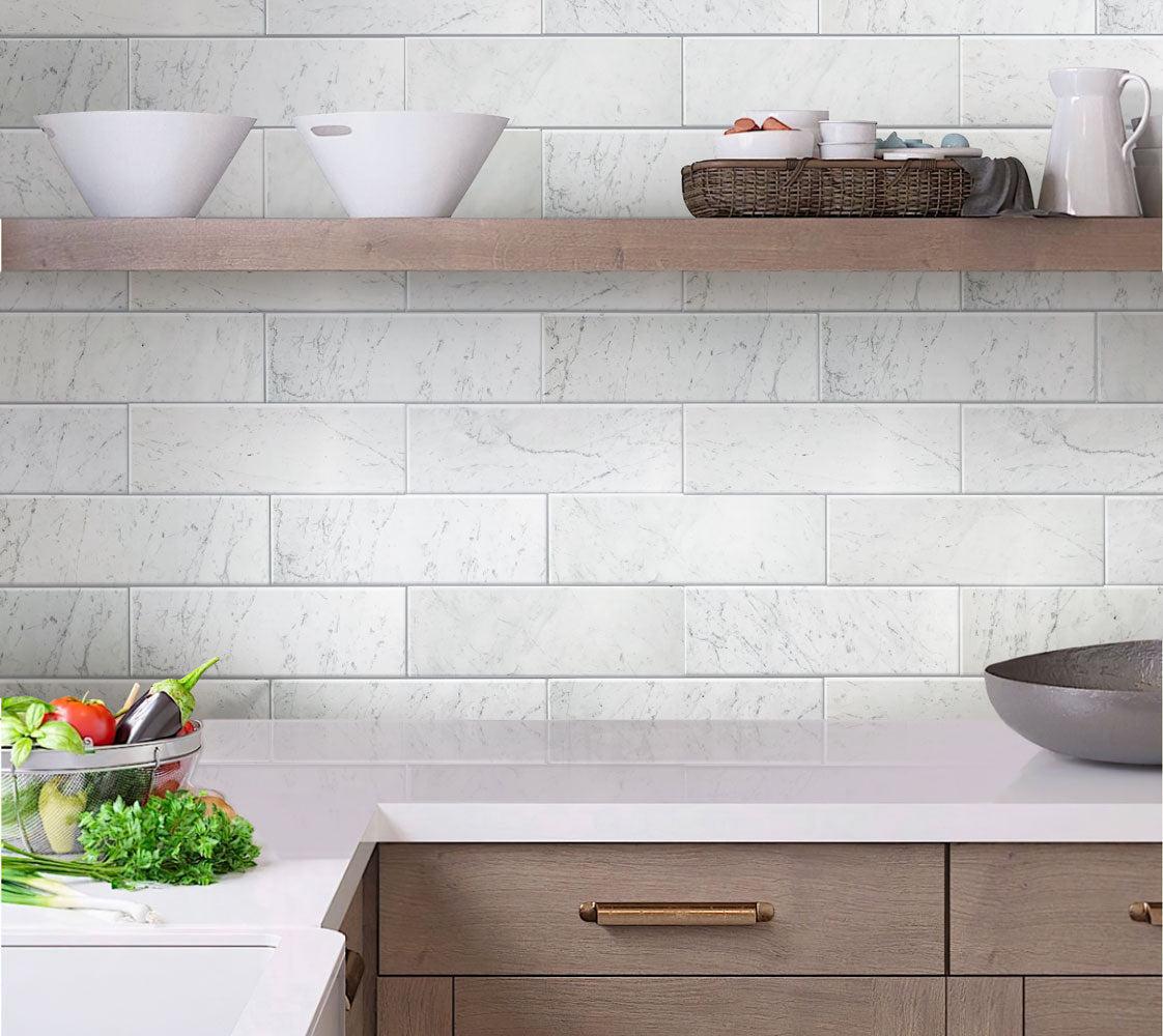 Bianco Carrara 4X12 Honed Marble Tile kitchen backsplash