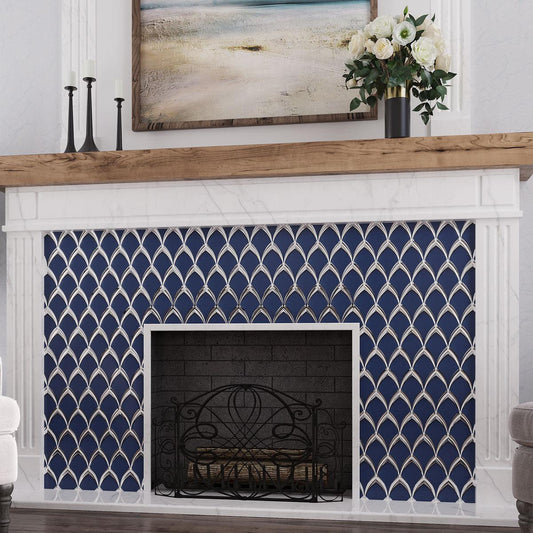 Blue Deco Fan Glass Mosaic Tile Fireplace Surround