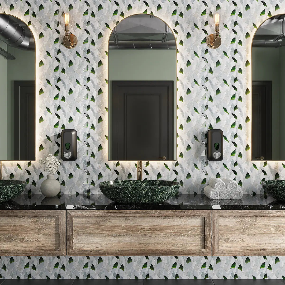 Botanical Waves Green Glass and Marble Mosaic Tile
