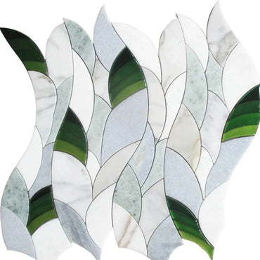 Botanical Waves Green Glass and Marble Mosaic Tile