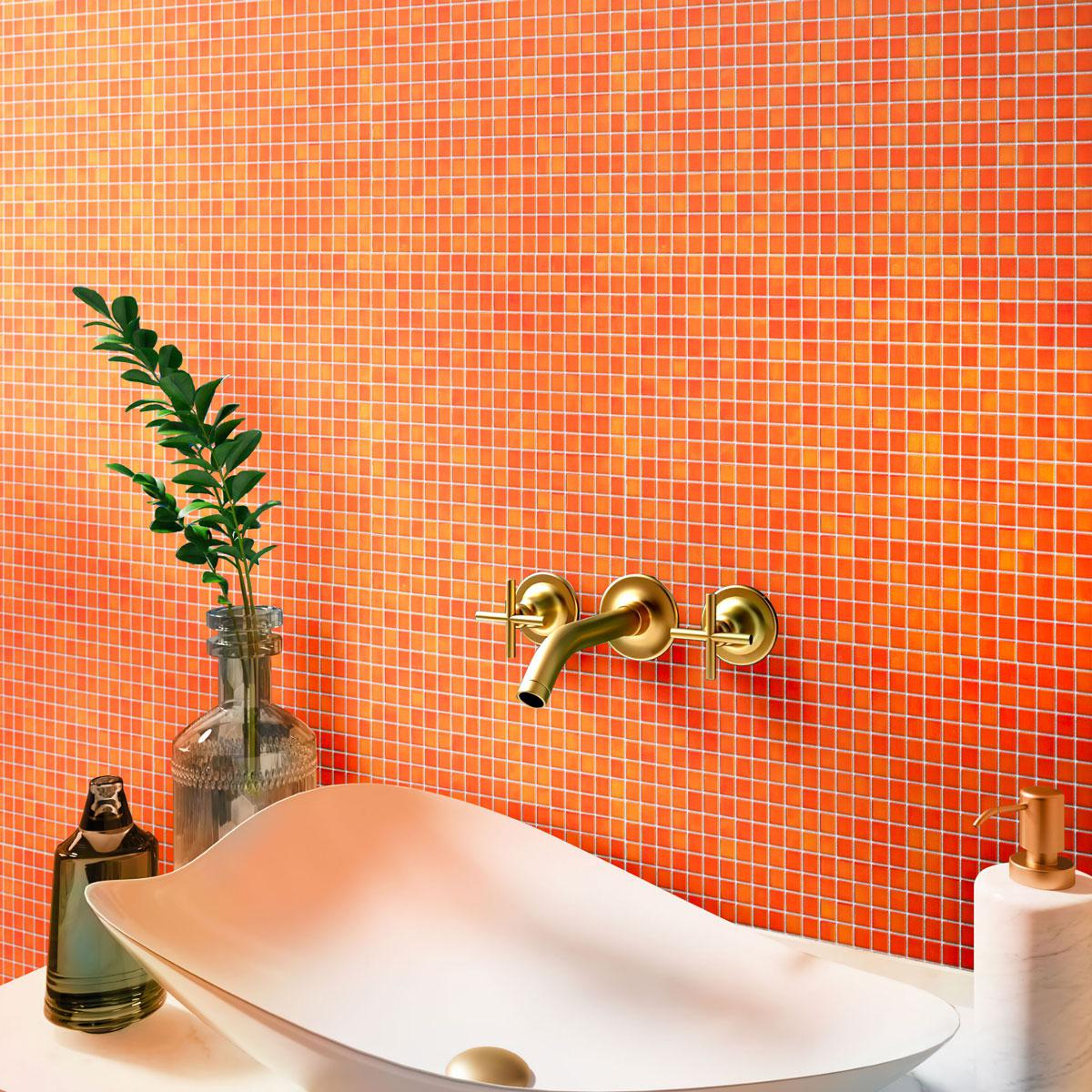 Bright Orange Squares Glass Pool Tile Bathroom Backsplash