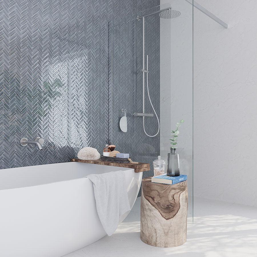 Cool Gray Herringbone Glass Tile for a Modern Bathroom with a Glossy Finish