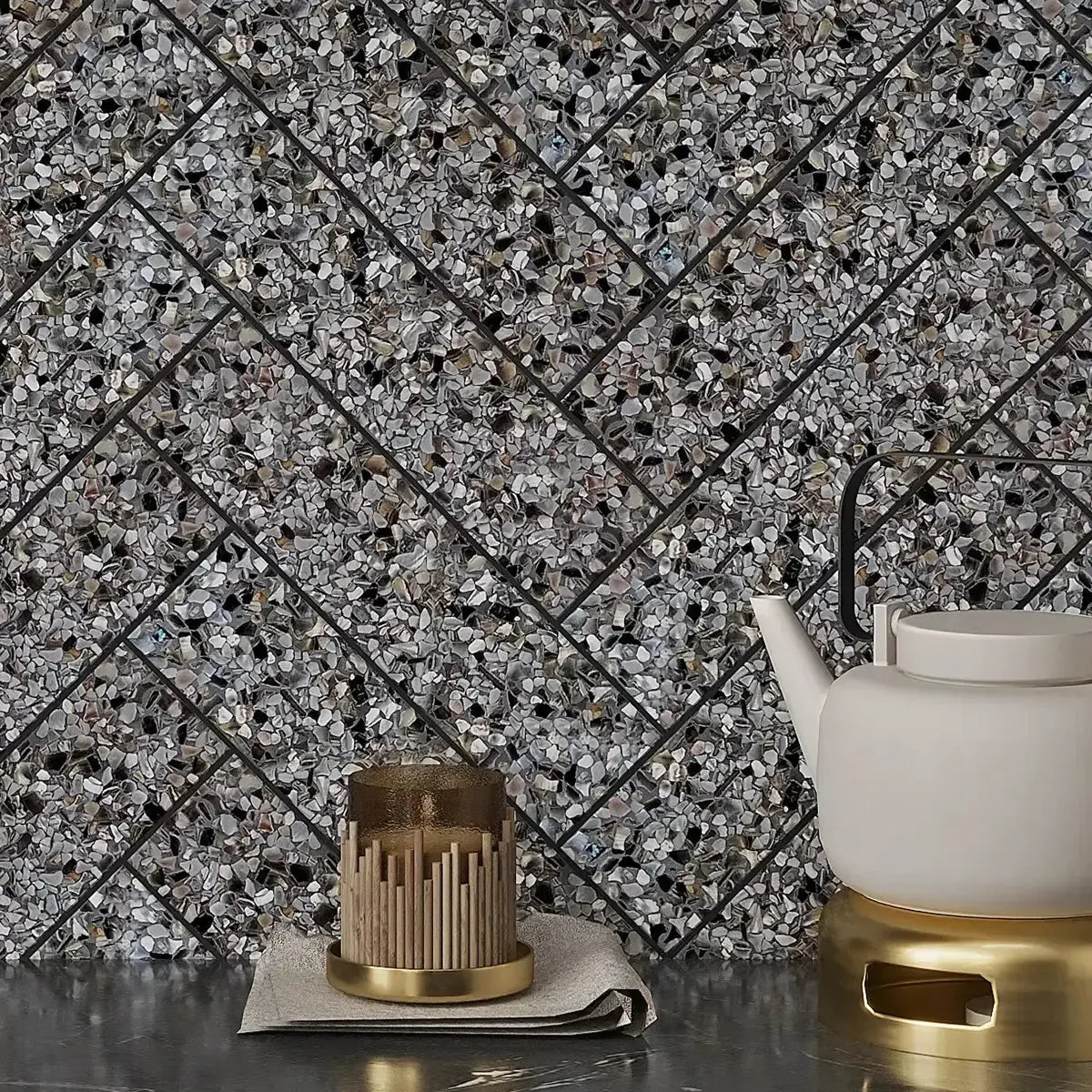Corazza Black Sand Shell and Terrazzo Subway Tile | Tile Club