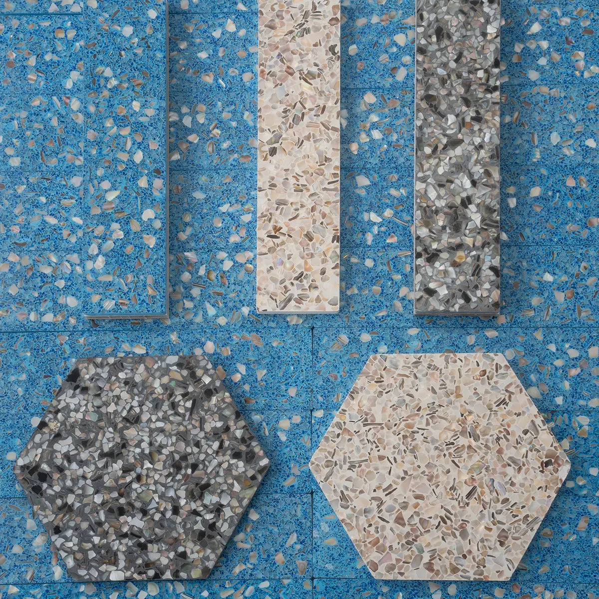 Corazza Ocean Blue Shell and Terrazzo Subway Tile