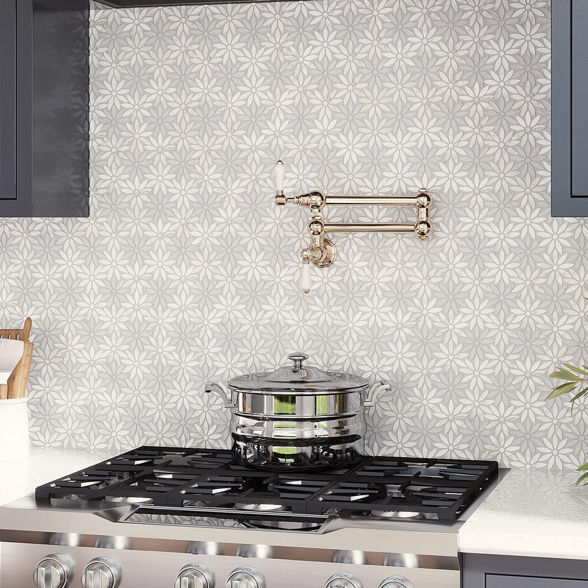 Eastern White and Bardiglio Flower Marble Tile | Neutral Mosaic