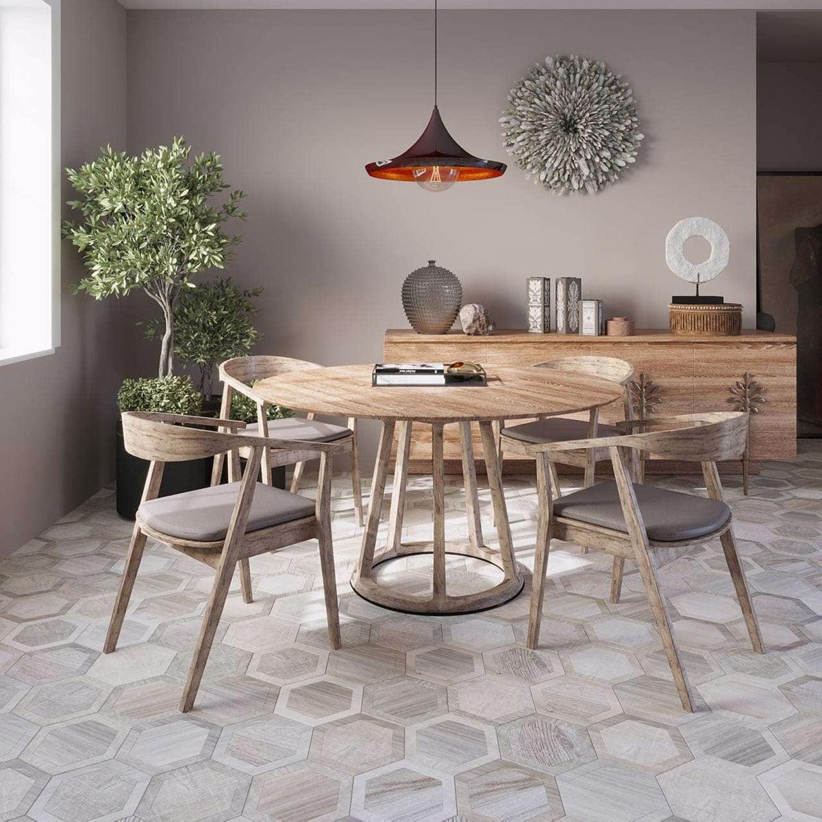 Wood look hexagon tile dining room floor with mid century design