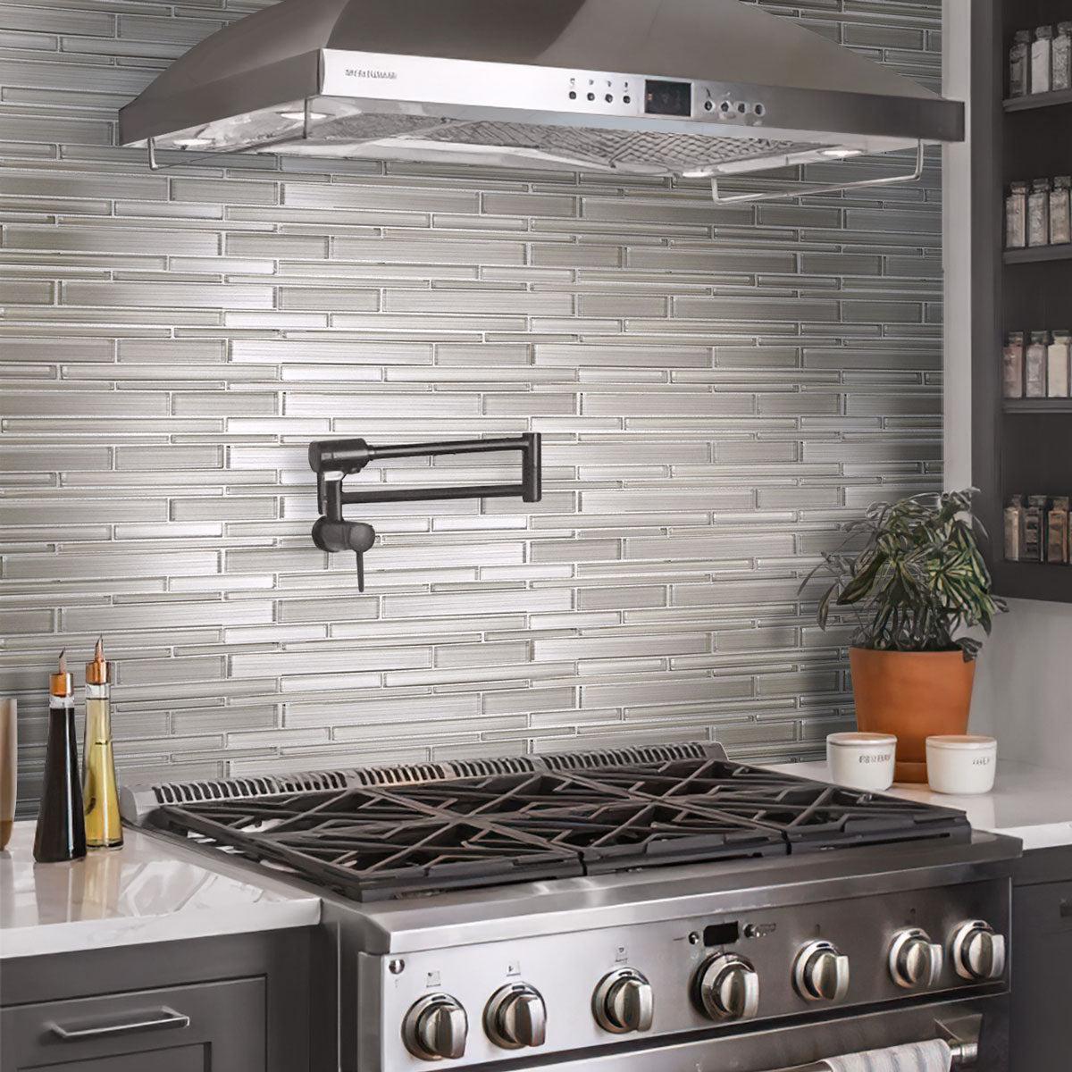 Fabrique White Linear Glass Mosaic Tile behind the stove