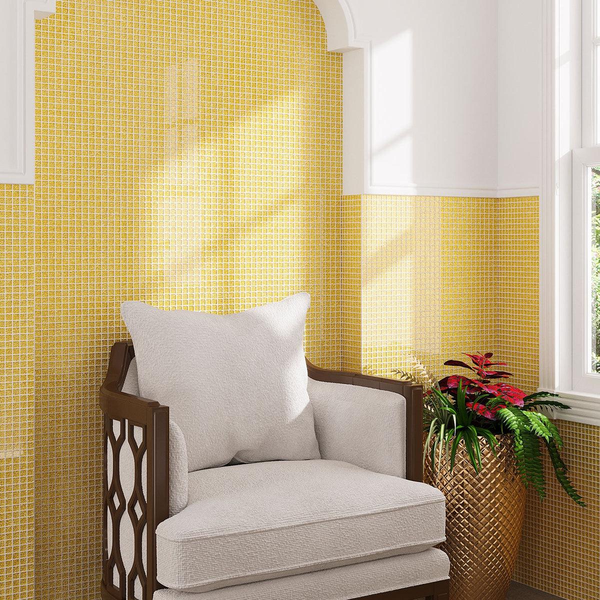 Boho bathroom decor with foiled yellow gold wall tile