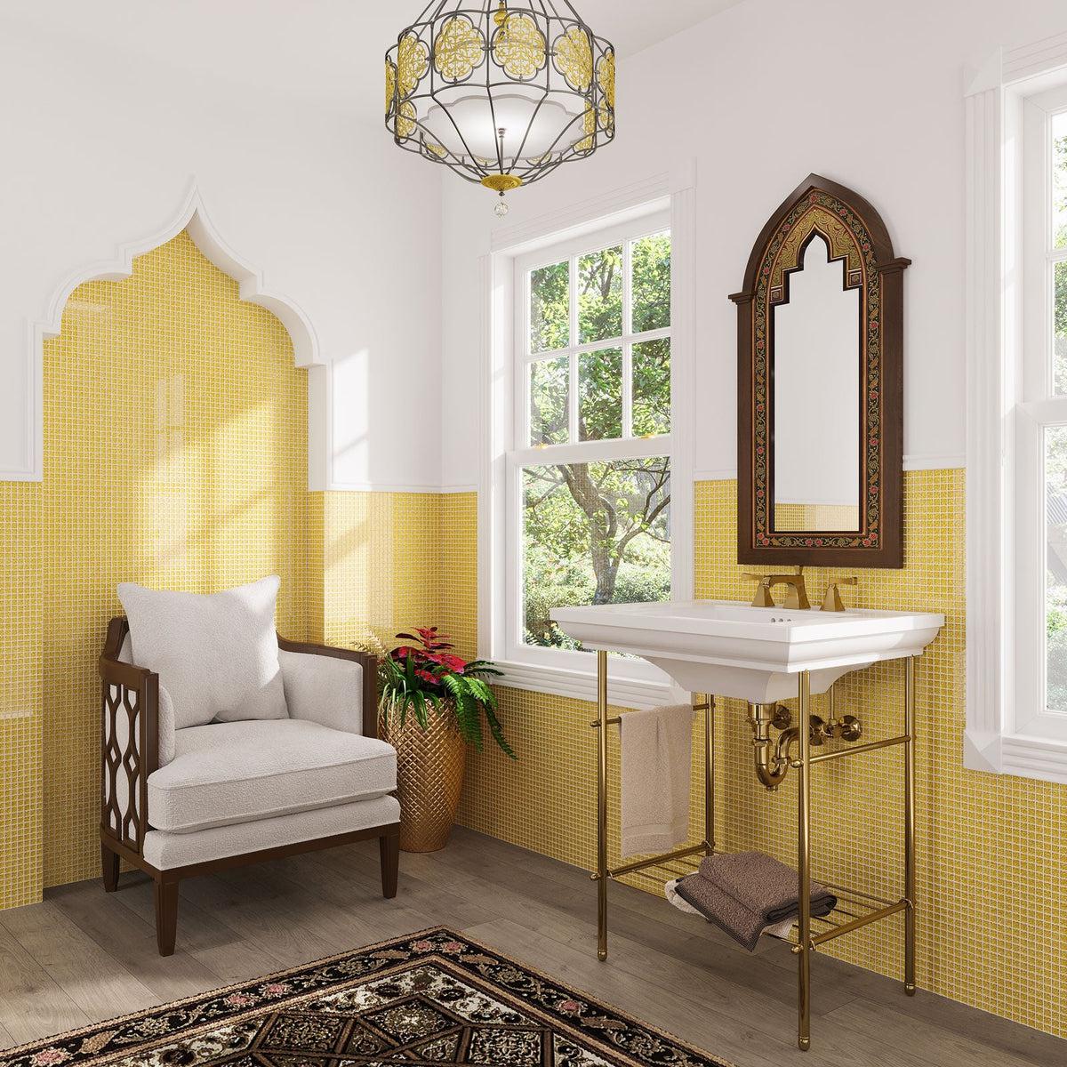 Moroccan boho bathroom decor with foiled gold bathroom wall tile