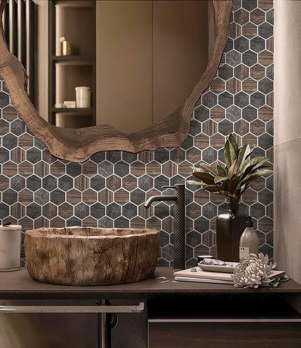Gems Hex Fume Wood-Look Porcelain Mosaic | Tile Club