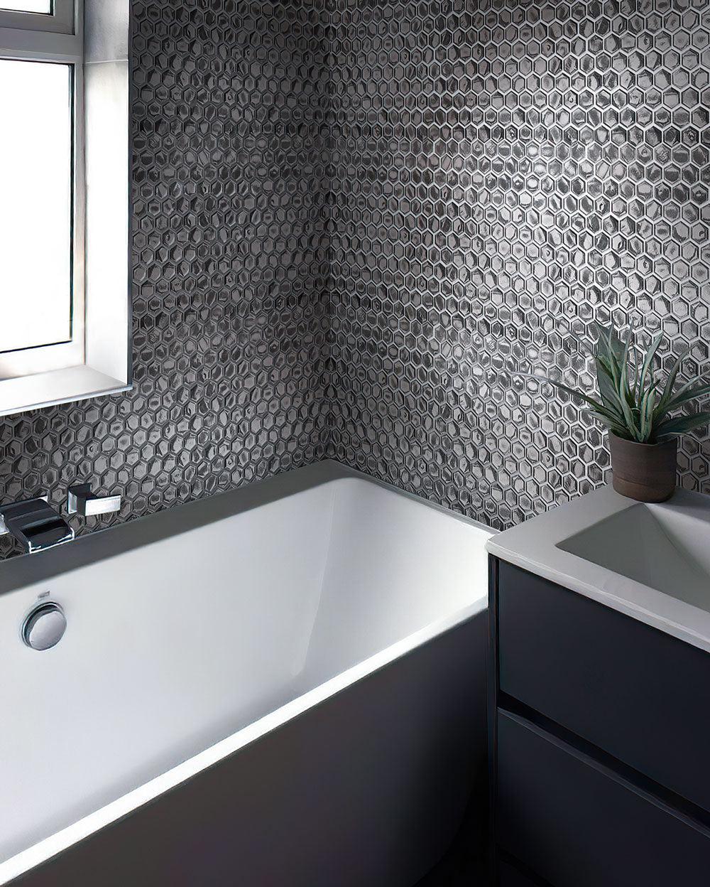Graphite and white bathroom with Glossy Silver Hexagon Glass Mosaic Tile backsplash