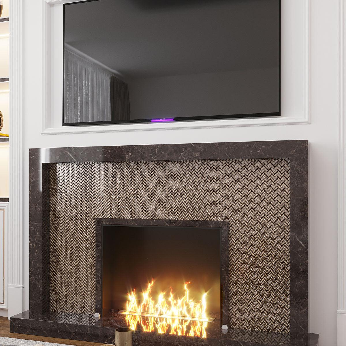 Fireplace surround with Gold Herringbone Mosaic Tile