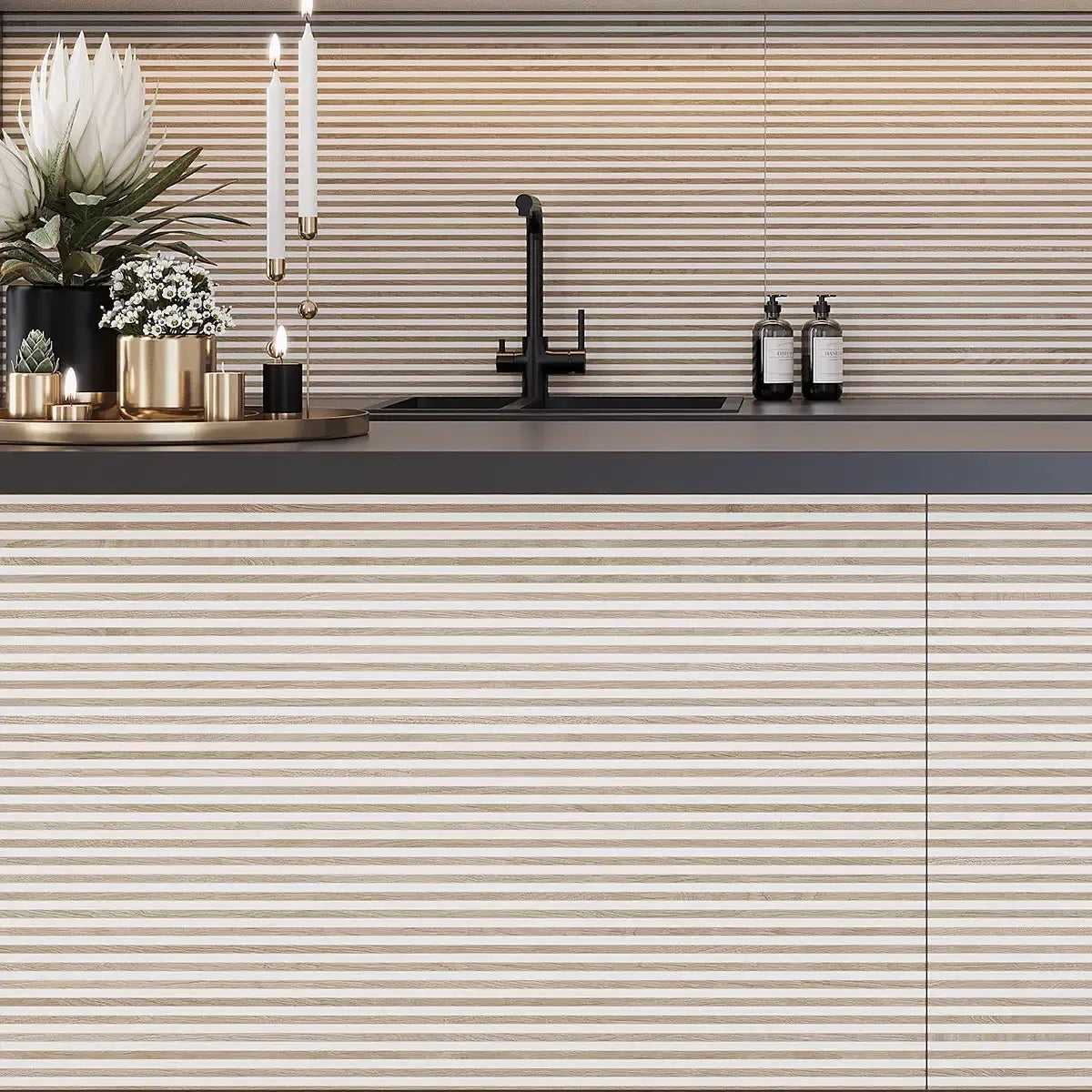 Japandi Contrast White Slat Wood-Look Wall Tile | Tile Club
