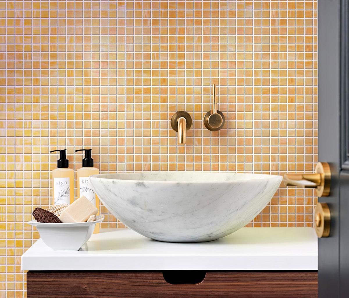 Mixed Honey Orange Squares Glass Pool Tile Bathroom Backsplash