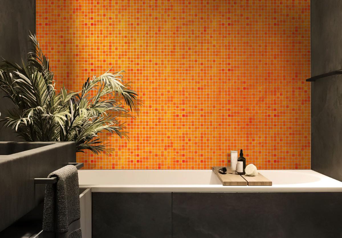 Mixed Orange Squares Glass Pool Tile Darkstone Bathroom Backsplash
