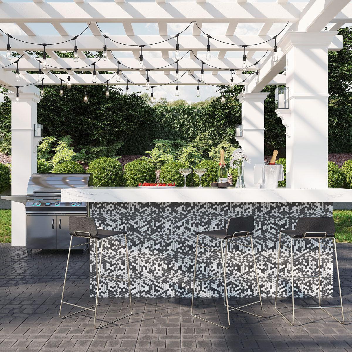 Tiled Outdoor Kitchen Black And White Marble Penny Tile Mosaic
