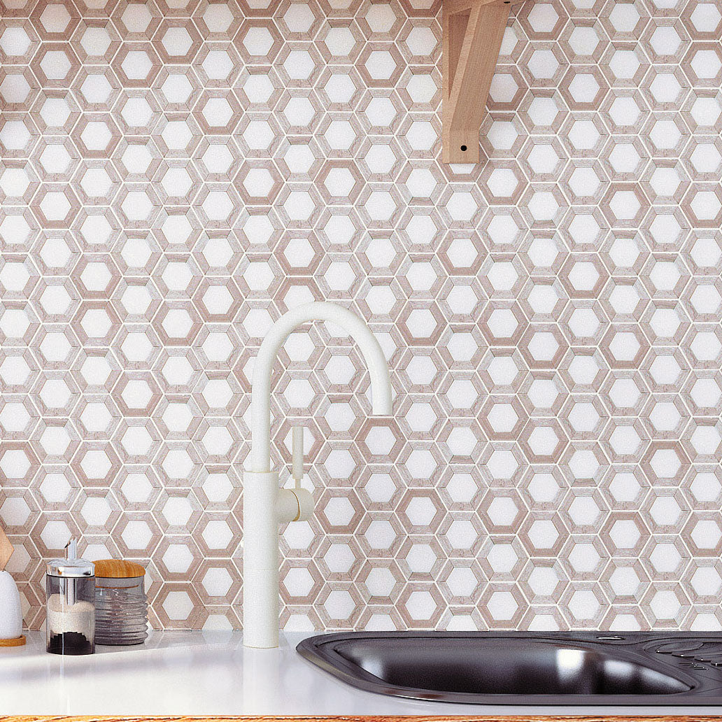 White and wood hexagon marble backsplash tile for a modern farmhouse kitchen