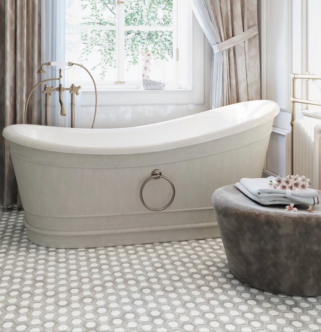 VIntage Farmhouse Bathroom with a Nova Hex Wooden Beige Marble Tile Floor
