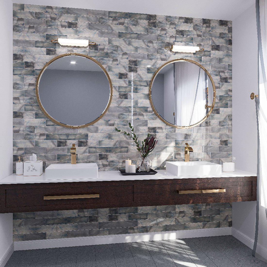 Modern Bathroom Vanity Backsplash with Sea Glass Blue Tiles