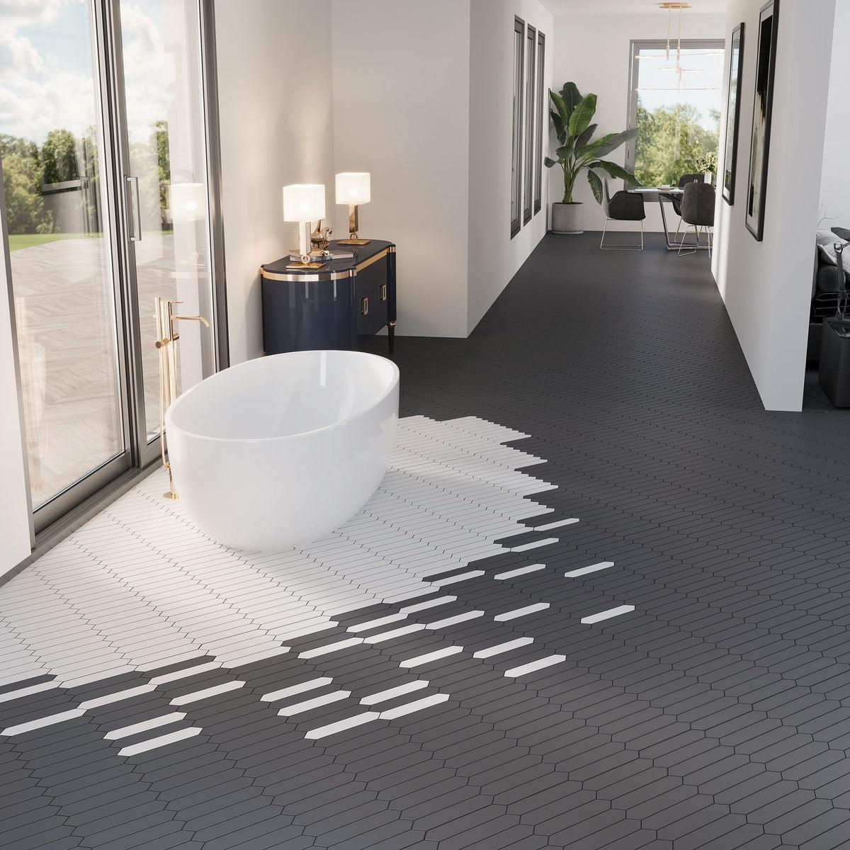 Black and white ceramic tile floor in modern open plan bathroom