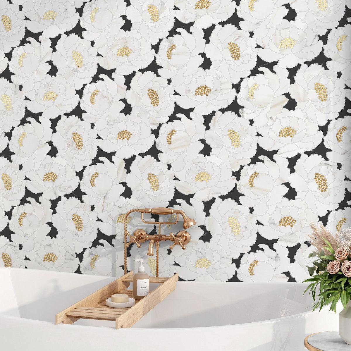 Peonia Flower Black and White Marble Waterjet Mosaic Tile | Tile Club