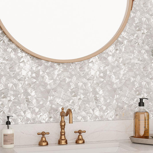 Groutless Pure White Mother of Pearl tile bathroom