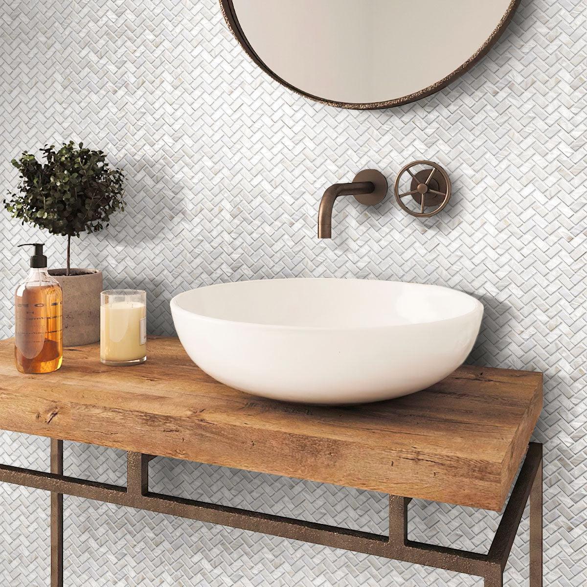 Pure White Mother Of Pearl Herringbone Mosaic Tile Bathroom Wall