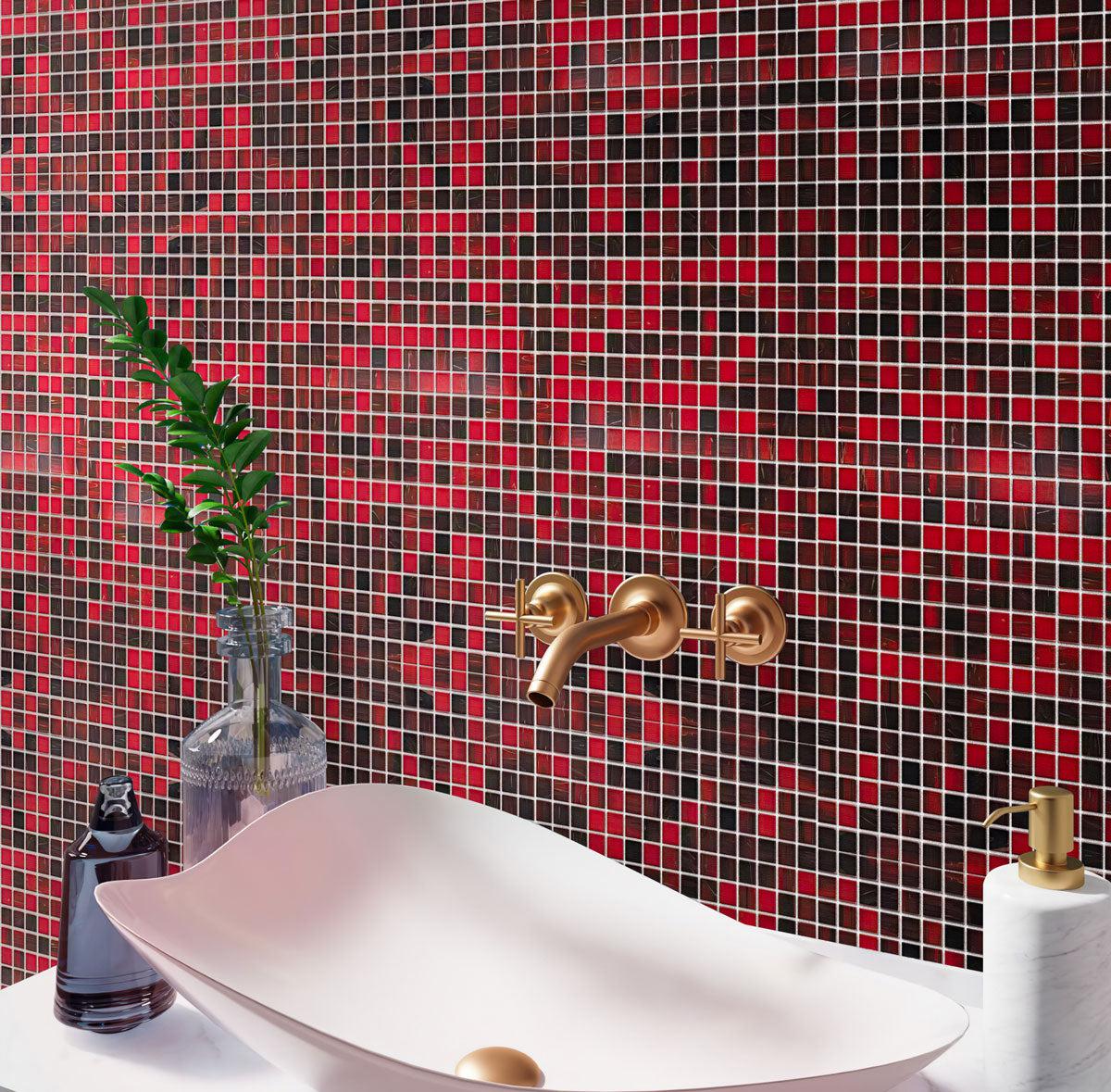 Queen of Hearts Red Mixed Squares Glass Tile adds drama to bathroom