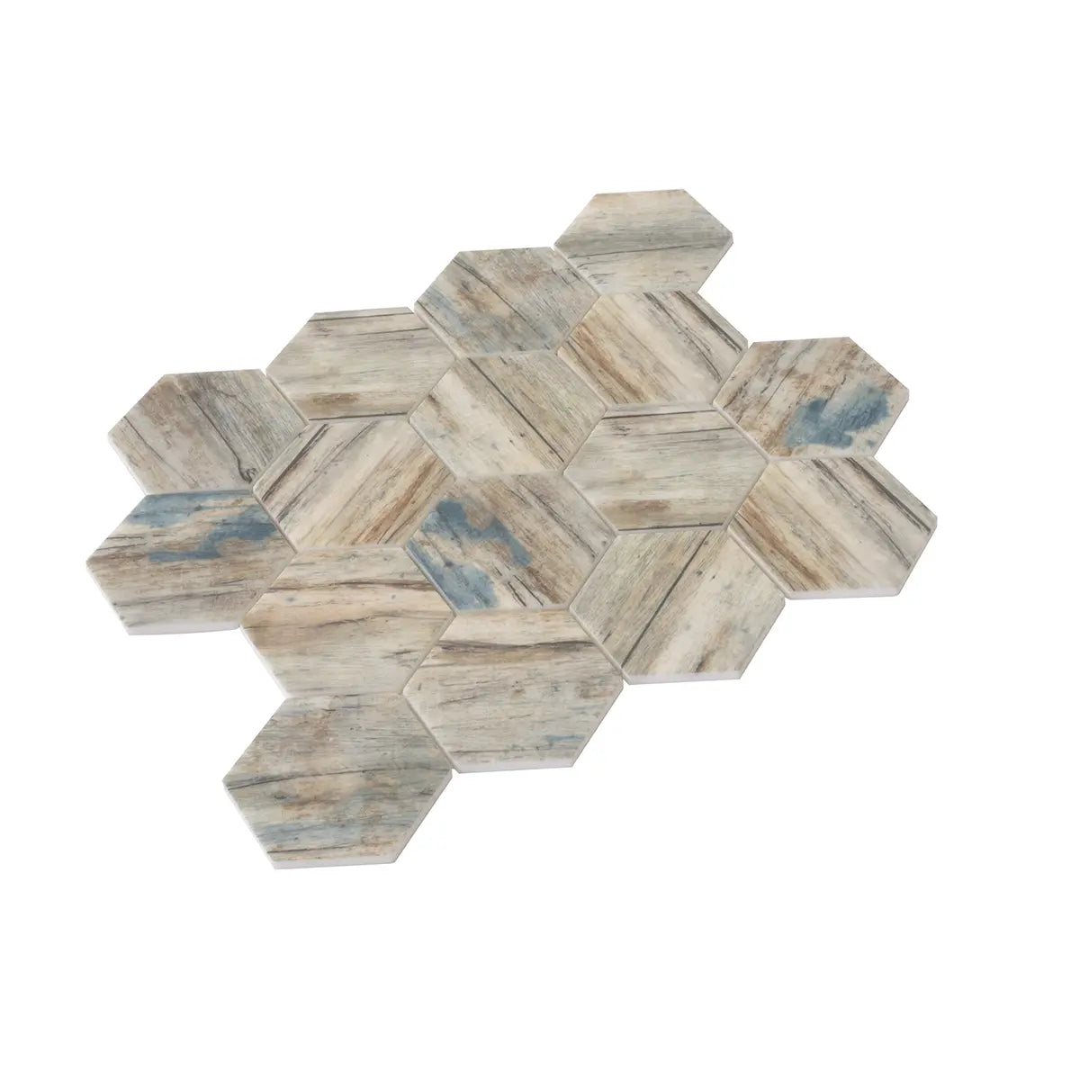 Recycled Glass Hexagon Mosaic In Blue Wood Color