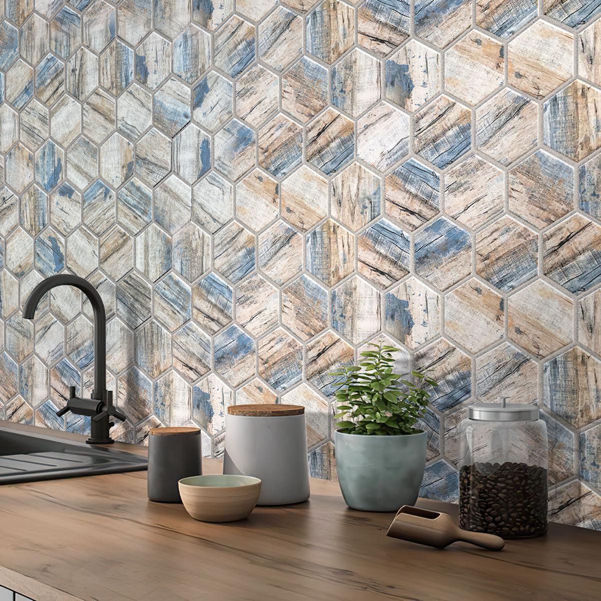Recycled Glass Hexagon Mosaic In Blue Wood Color kitchen backsplash
