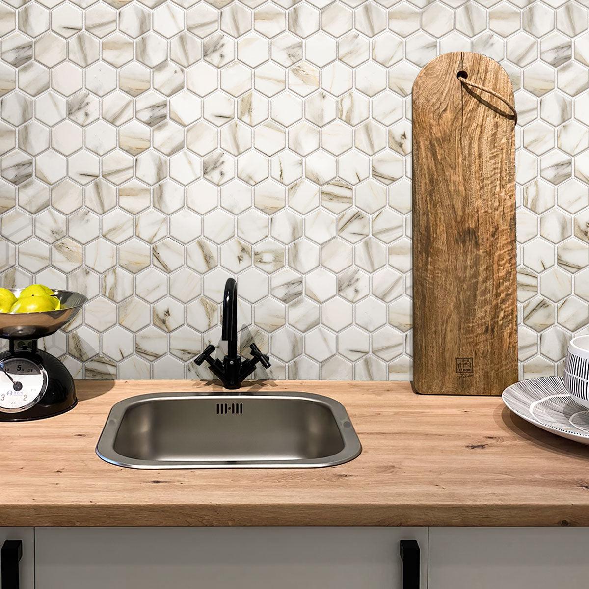 Recycled Glass Hexagon Mosaic In Calacatta Marble Color kitchen backsplash