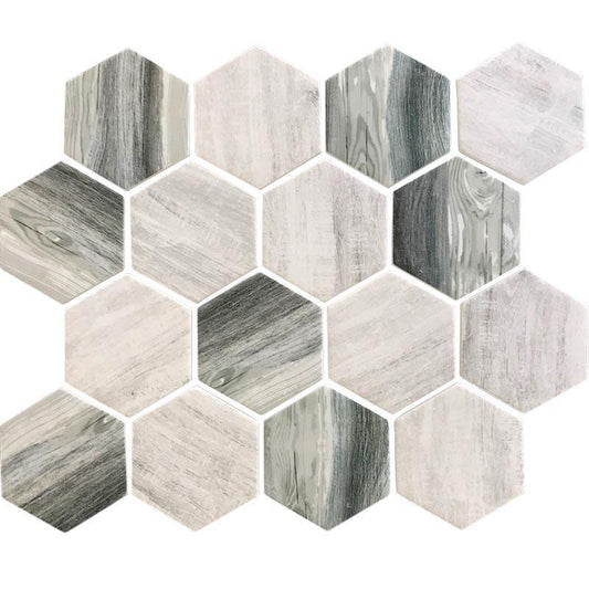 Recycled Glass Hexagon Mosaic In Grey Wood Color Sample